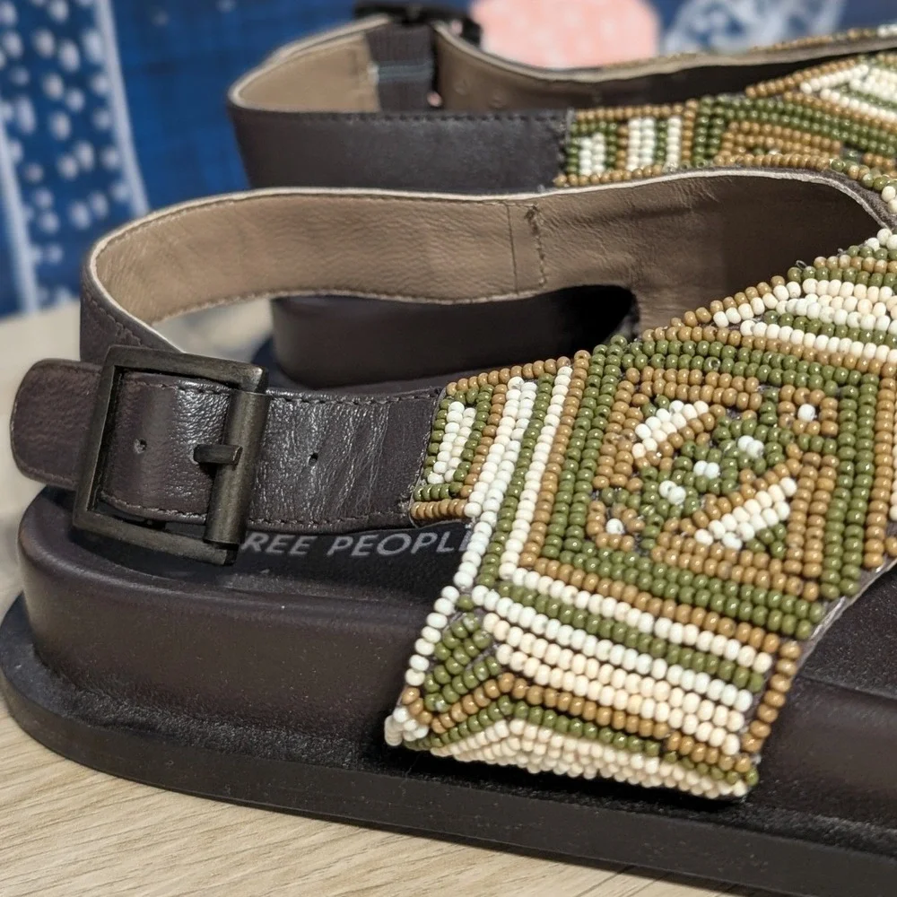 Free People Leather Mali Beaded Slip On Cross Straps Sandals Multi Size 8